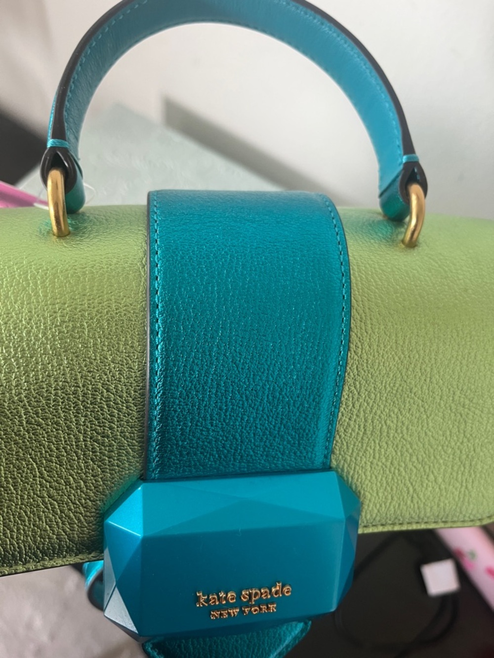 kate spade Metallic Teal, Aqua & Lime Top-Handle Satchel, NWT - Picture 4 of 7